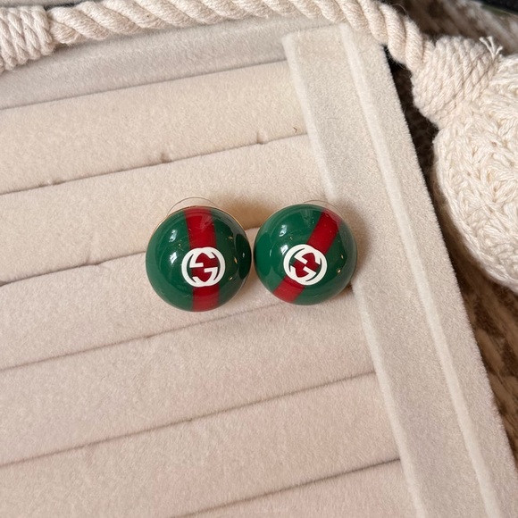 Gucci Iconic GG Logo Web Stripe Enamel Dome Stud Earrings - Picture 2 of 4